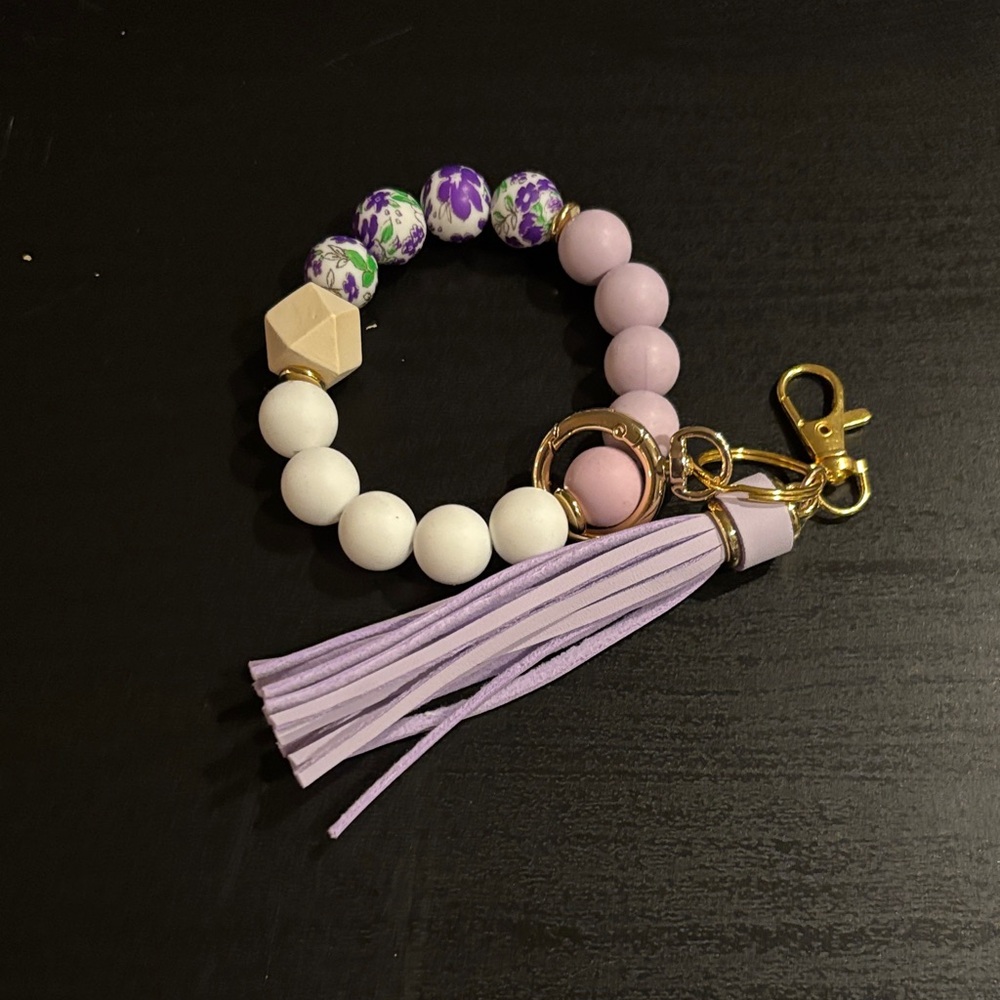Purple and White Beaded Keychain Bracelet